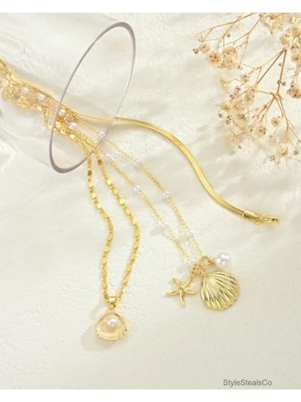 Layered Gold Plated Seashell Necklace Set with Starfish and Flower Pendants